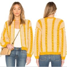 Brand New, Never Worn, No Tags. Revolve X Tularosa Morgana Chunky Oversized Boxy Knit Textured Cardigan Sweater Jacket. A Bright Yellow And Boxy Silhouette Give This Sweater A Cool Finish. Spun From Fuzzy Fabric, The Relaxed Piece Is Detailed With Chunky Cable Knit Accents That Frame The Silhouette. Color Is Called Buttercup, Which Is A Goldenrod Marigold Mustard Yellow Combo With Light Yellow / Cream / Tan. Front Hook And Eye Closure. Size Xs. G15. Yellow Cardigan For Fall Layering, Yellow Knit Outerwear For Spring, Yellow Long Sleeve Sweater For Layering Outfits, Oversized Yellow Knit Cardigan, Oversized Yellow Winter Cardigan, Yellow Knit Cardigan For Layering, Oversized Yellow Cardigan For Winter, Yellow Sweater For Fall Layering, Yellow Sweater For Layering In Fall