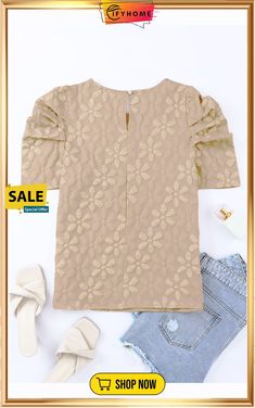 Apricot Floral Lace Ruched Bubble Sleeve Top Spring Beige Ruched Top, Spring Beige Ruched Blouse, Beige Ruched Blouse For Spring, Summer Ruched Beige Blouse, Summer Beige Ruched Blouse, Bubble Sleeve Top, Bubble Sleeve, Southern Belle, Color Pick