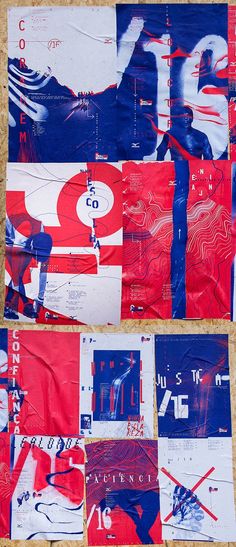 several pieces of paper with red, white and blue designs on them