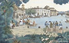 a painting of people on boats in the water