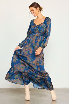 A floral-print maxi dress radiates femininity with its ruched sweetheart neckline, puffed sleeves, and ruffled hem. It's smocked at the back for enhanced comfort. •Sweetheart neckline •Long sleeves •Elasticized cuffs •Ruffled hem •Smocked back Item Number: 99647 Blue Floral Maxi Dress, Floral Print Maxi Dress, Floral Print Maxi, Long Sleeve Maxi, Curve Dresses, Puffed Sleeves, Accessories Jacket, Maxi Dress With Sleeves, Printed Maxi Dress