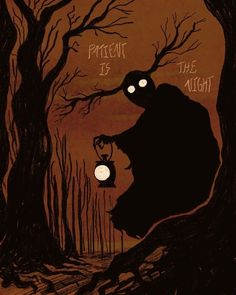 a poster with the words present is the night in front of a dark forest filled with trees