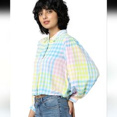 Only Vision Checks Top Features: Button-Down Shirt With Collar All Over Plaid Print Relaxed Fit Crop Length Slightly Cropped Bishop Sleeves Buttoned Cuffs Rounded Hem 100% Viscose Approximate Flat Measurements: From Shoulder To Hem: 21" L Pit To Pit: 21" Size: 36/Us S Made In India New With Tags Multicolor Spring Top With Button Closure, Multicolor Tops With Button Closure For Spring, Multicolor Tops With Button Closure For Day Out, Multicolor Relaxed Fit Top With Button Closure, Relaxed Fit Multicolor Tops With Button Closure, Multicolor Button-up Top For Daywear, Multicolor Buttoned Shirt For Daywear, Multicolor Button Closure Shirt For Day Out, Trendy Multicolor Tops For Daywear