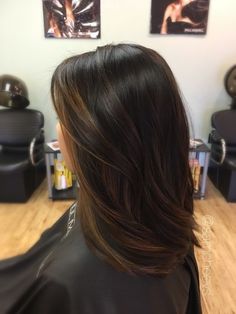 Caramel Highlights for Black Hair: 30+ Gorgeous Hairstyles for 2023 Black To Brown Balayage Short, Best Highlights For Black Hair Short, Balayage For Dark Brown Hair Straight Medium, Highlits For Black Hair, Brown Lowlights In Black Hair, Short Hair Lowlights, Black Hair Lowlights, Lowlights For Black Hair, Black Hair With Lowlights