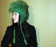 Green Mohawk Hat Green Fun Crochet Hat For Winter, Fun Green Crochet Hat For Winter, Green Fun Crochet Hat, One Size, Green One-size Fun Crochet Hat, Green Fun Crochet Hat One Size, Crochet Boyfriend, Green Mohawk, Statement Hat, Yellow Yarn