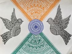 three birds are depicted in an artistically designed design on a piece of paper that appears to be colored