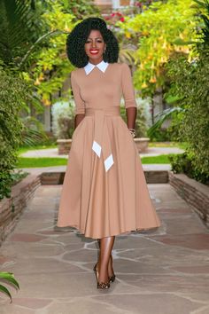 Knitting Fashion, Church Fashion, Paris Chic, Midi Dress Style, Long Sleeve Dresses, Solid Color Dress, Color Dress, Turndown Collar, Sleeve Dresses