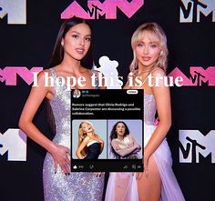 two beautiful women standing next to each other in front of a black background with the words i hope this is true