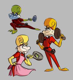 some cartoon characters with different outfits and haircuts, one is holding a frying pan