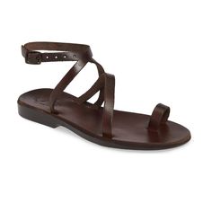 Mara | Brown Leather Thin Ankle Strap Sandal Jesus Sandals, Ankle Strap Sandals Flat, Toe Loop Sandals, Leather Sandals Handmade, Vegan Leather Bag, Leather Sandals Flat, Leather Sandals Women, Leather Clogs, Brown Sandals