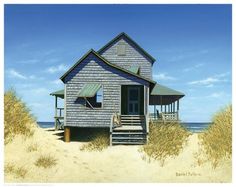 a painting of a house on the beach with stairs leading up to it's front door