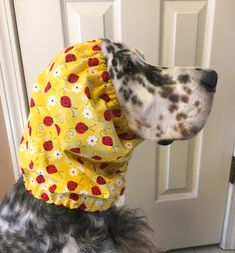 a dalmatian dog wearing a bandana looking up at the door with it's mouth open