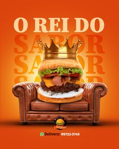 a large burger with a crown sitting on top of it's head in front of an orange background