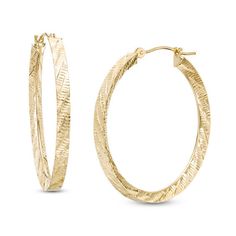 So stylish, these shimmering hoop earrings are a fashion-forward look. Crafted in warm 14K gold, each 30.0mm hoop features glistening diagonal diamond-cut details that glint and glimmer in the light. Polished to a bright shine, these earrings secure with hinged backs. Ear Rings, Princess Diamond, Earring Backs, Diamond Cut, Designer Earrings, Yellow Color, The Light, Fashion Earrings, Types Of Metal