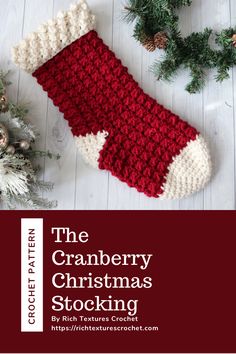 A red and white textured crochet Christmas stocking Christmas Stocking Crochet Pattern, Christmas Stocking Patterns, Christmas Stocking Crochet, Stocking Crochet Pattern