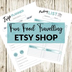 three food traveling etsy shop pages with the title fun food travelling etsy shop