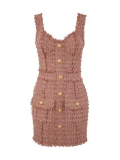 Balmain Tweed Dress, Balmain Tweed, Tweed Mini Dress, Balmain Dress, Brown Mini Dress, Random Fashion, Bts Girl, Tweed Dress, Fringe Trim