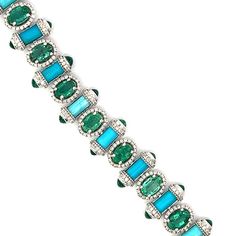 Discover the captivating beauty of our Emerald, Turquoise and Diamond Bracelet. The striking combination of vivid oval and cabochon emeralds makes this piece truly unique. Elevate any outfit with its alluring colors and exquisite design. Expertly crafted for those who appreciate rare and stunning jewelry. Jewelry Style : BraceletMetal Type : 18K White GoldTotal Weight : 23 gramsMeasurement : 7 inchesEmerald : Oval : 11.05 ctw. Diamonds : Round : 2.61 ctw. Turquoise : 11.32 ctw. Alexis Bittar Jewelry, 18k Gold Bracelet, Emerald Bracelet, Zodiac Pendant, Gold Bracelets, Jewelry Style, Classic Jewelry, Stunning Jewellery, Metal Bracelets