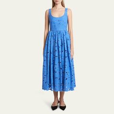 Erdem dress featuring floral cutwork embroidery Scoop neckline Sleeveless Structured bodice Hem falls below the knee Fit & flare silhouette Concealed back zip closure Cotton/polyester Lining: Cotton Dry clean Imported Erdem Dress, Floral Cutwork, Flare Midi Dress, Cutwork Embroidery, Evening Flats, Cocktail Jacket, Cut Work, Platform Pumps, Lingerie Sleepwear