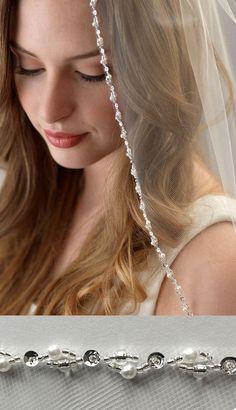 a woman wearing a wedding veil with pearls on it and a bridal headpiece