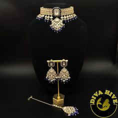 Anamika Kundan Choker | Bollywood Inspired - Necklace -Diva Exclusive Blue Fusion Style Tilla Jewelry, Blue Fusion Jewelry With Intricate Design, Blue Tilla Fusion Jewelry, Blue Fusion Tilla Jewelry, Luxury Stone Work Jewelry Sets For Festive Occasion, Elegant Blue Meenakari Jewelry, Elegant Blue Kundan Necklace With Meenakari, Formal Silver Kundan Sets, Formal Blue Kundan Necklace