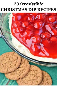 christmas dip recipe with cookies in the foreground and an image of a pie on the side