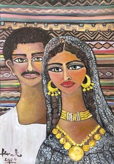 a painting of two people wearing jewelry and gold necklaces on their heads, in front of a multi - colored background