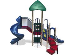 a children's play set with a green canopy and red steps, including a slide