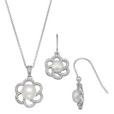 "Adorned with lustrous freshwater cultured pearls and dazzling cubic zirconia accents, this sterling silver flower jewelry set provides a stylish look that's perfect for everyday wear. Adorned with lustrous freshwater cultured pearls and dazzling cubic zirconia accents, this sterling silver flower jewelry set provides a stylish look that's perfect for everyday wear. Includes: pendant & drop earrings Drop length: 15/16 in. Chain length: 18 in. Chain type: cable Earring length: 1 1/4 in. Backi Elegant White Flower Jewelry Sets, Formal Silver Flower Jewelry Sets, Formal Silver Flower-shaped Jewelry Sets, Elegant Formal Flower-shaped Jewelry Sets, Elegant Flower Shaped Jewelry Sets For Formal Occasions, Silver Flower Jewelry With Pearl Drop, Silver Flower-shaped Jewelry With Pearl Drop, Elegant Floral Jewelry Sets For Formal Occasions, Silver Pearl Jewelry In Flower Shape