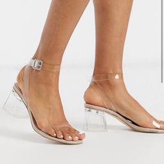 Never Worn Size: 6 Women Brand: Public Desire Heel Height: 3 Inch Block-Low Heel Ankle Strap Pin-Buckle Fastening Peep Toe Shoes For Wedding Guest, Shoes For Wedding, Croc Heels, Pointed Ballet Flats, Tie Heels, Public Desire Shoes, Clear Block Heels, Clear Shoes, Wide Fit Sandals