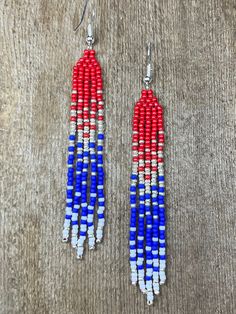 Beaded fringe earrings from our 'Prime Collection'. Red, white, blue, silver; Handmade in the USA Blue Patriotic Beaded Earrings As Gift, Patriotic Blue Beaded Earrings As Gift, Handmade Blue Earrings For 4th Of July, Handmade Red Beaded Earrings For 4th Of July, Handmade Blue Patriotic Earrings, Handmade Patriotic Dangle Beaded Earrings, Handmade White Earrings For 4th Of July, White Dangle Earrings For 4th Of July, Beaded Fringe Earrings