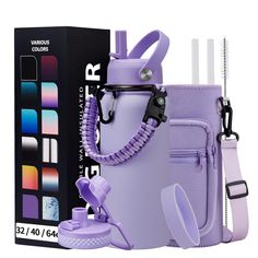 the purple water bottle is next to its case and accessories in front of an open box