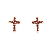 18k Solid Yellow Gold Red Zirconia Cross Earrings 7.8 x 5.7mm 0.30 x 0.22 inch Red 14k Gold Pierced Earrings, 14k Gold Red Earrings For Pierced Ears, Red 14k Gold Earrings, Red Cubic Zirconia Fine Jewelry Earrings, Fine Jewelry Red Cubic Zirconia Earrings, Red 14k Gold Earrings Fine Jewelry, Red Synthetic Ruby Earrings, Red 14k Gold Earrings For Anniversary, Mens Silver Jewelry