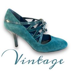 NINE WEST Vintage Teal blue/green suede leather heels with three straps  SZ 6.6 A Bit of wear, but nothing noticeable when wearing/some peeling on the inside/some cracking on straps but under the buckle.  THE perfect color for the Holidays! Holiday Heels, Party Heels, Green Suede, Womens Heels, Teal Blue, Nine West, Women's Pumps, Leather Heels, Suede Leather