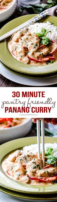 two plates with food on them and the words 30 minute panang curry over top