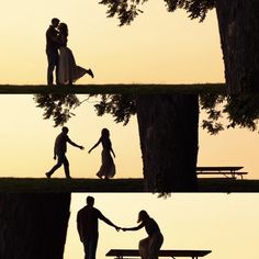 the silhouettes of two people holding hands in front of a park bench at sunset