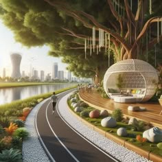 an artist's rendering of a living room on the side of a road with trees