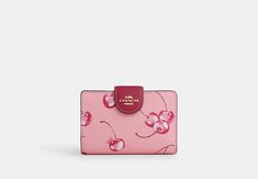 Medium Corner Zip Wallet With Cherry Print | COACH OUTLET Wallet Cute Aesthetic, Coach Cherry Collection, Cute Card Holder Wallet, Cute Designer Wallets, Cherry Coach Purse, Woman’s Gifts, Coach Pink Wallet, Cute Coach Wallet