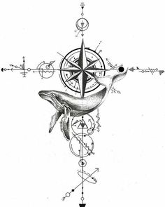 a drawing of a dolphin and compass