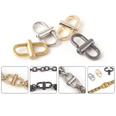 four different types of metal chain and clasps on white background with description text below