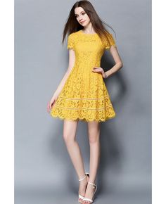 Cap Sleeves Yellow Lace Short Party Dress -GemGrace Yellow Dress With Sleeves, Yellow Party Dresses, Yellow Lace Dresses, Yellow Dresses, Frilly Dresses, Garden Party Dress, Short Party Dress, Short Lace Dress, Cap Dress