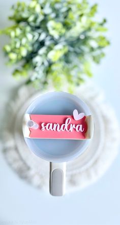 the name sandro is placed on top of a paper holder next to a potted plant