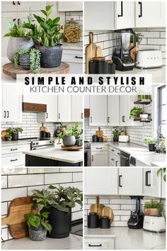 simple and stylish kitchen counter decor with plants in pots, cutting board, knifes