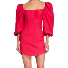 Square Neckline. Three-Quarter Puff Sleeves. Body-Conscious Silhouette. Rounded Hem. Mini Length. Back Zipper. Polyester; Self Lining. Feminine Fitted Mini Dress With Pleated Sleeves, Pink Square Neck Puff Sleeve Evening Dress, Spring Dress With Structured Shoulders And Lantern Sleeves, Spring Dresses With Structured Shoulders And Lantern Sleeves, Pink Fitted Puff Sleeve Dress For Cocktail, Spring Cocktail Puff Sleeve Dress With Pleated Sleeves, Summer Mini Dress With Puff Sleeves And Structured Shoulders, Spring Mini Dress With Structured Shoulders, Fitted Puff Sleeve Dress With Balloon Sleeves For Cocktail