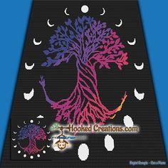 a cross stitch pattern with a tree and moon in the sky, on a black background