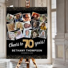 a black and gold 70th birthday photo collage with photos on it, in front of a window