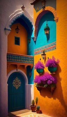 an outdoor area with potted plants on the wall and colorful architecture in the background