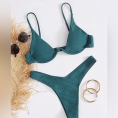 Never Worn. Size M/6 Teal Blue Bikini. Has Underwire Top And High Cut (Less Coverage) Bottoms Solid Color Swimsuit, Underwire Swimsuit, Looks Chic, Oversized Sunglasses, Swim Suit, Dresses With Leggings, Women Swimsuits, Womens Swimwear, Tank Shirt