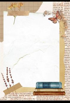 an old paper with flowers, books and butterflies on the edges is featured in this image