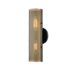 a black and gold wall light with two lights on each side, in an industrial style